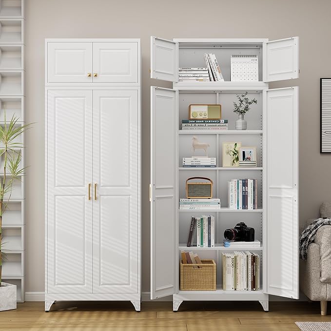 90” Tall Kitchen Pantry Cabinet,Metal Storage Cabinet with Doors and Adjustable Shelves,Modern Kitchen Hutch Cabinets,Freestanding Cupboard for Living Room