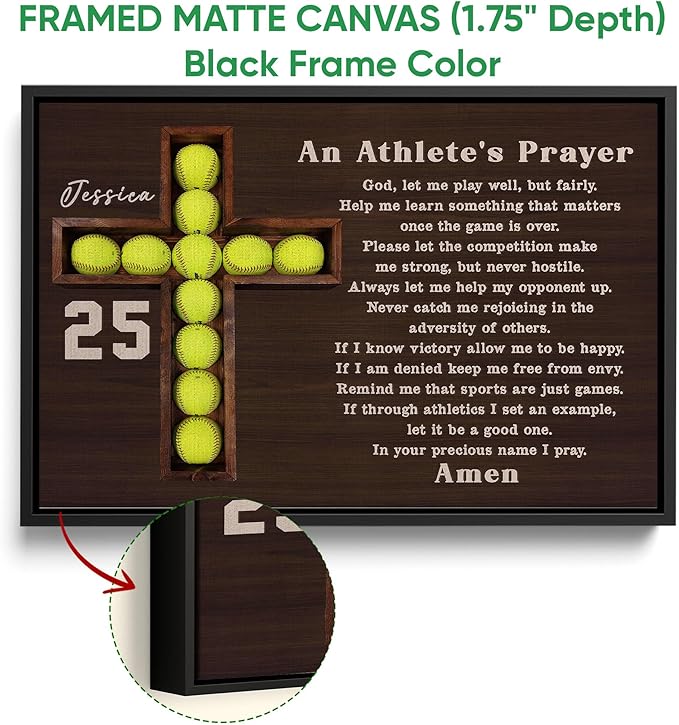Personalized Softball Poster & Framed Canvas, An Athlete'S Prayer Home Office Decor, Custom Name Number Bedroom Living Room Aesthetic Wall Art Gift For Mom, Daughter, Wife, Girlfriend