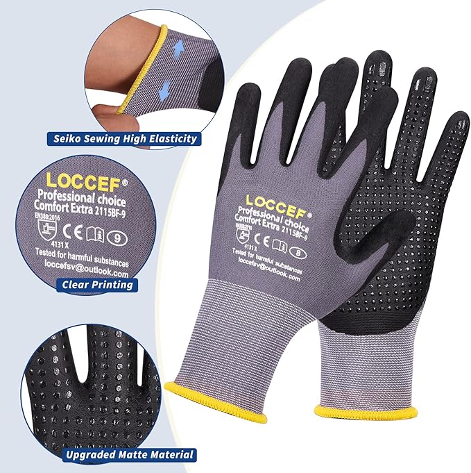 LOCCEF Work Gloves MicroFoam Nitrile Coated-6 Pairs,Endurance Seamless Knit Nylon,Dots on palm,Tacky Dot Grip Gloves