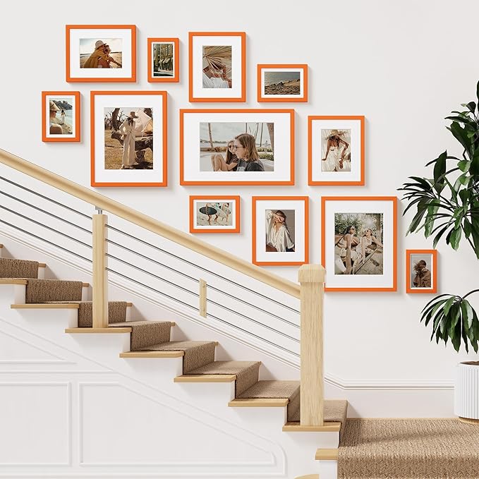 Vittanly 11x14 Picture Frame Set of 2, Solid Wood Frame for Wall Art Photo and Prints, Display Photo 8x10 with Mat or 11x14 without Mat, Orange