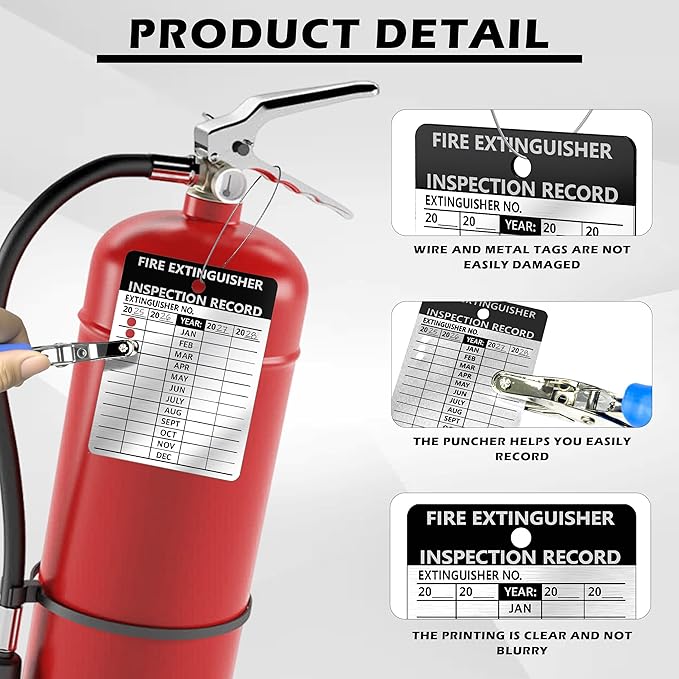 25 Pcs Waterproof Fire Extinguisher Inspection Tags 2.3 x 3 Inch Metal Aluminum with Wires and Handheld Hole Puncher Durable Metal Fire Tags for Monthly Fire Safety Check Indoor Outdoor Writeable (25)
