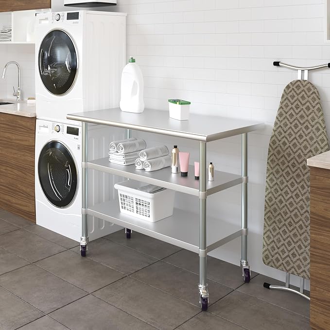 AmGood Stainless Steel Work Table with 2 Shelves and Casters | Metal Utility Table On Wheels (Stainless Steel Work Table with 2 Shelves + Casters, 48" Long x 24" Deep)