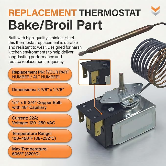 PB010036 Bake/Broil Thermostat，Compatible with Awoco Ranges， Compatible with Viking – Replace KKB-9-48, 22A 120–250VAC, Max 606°F, with Safety Auto‑Shutoff.