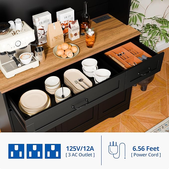 Cozy Castle 71" Tall Kitchen Hutch Cabinet with Drawers and Power Outlet, Farmhouse Pantry Storage Cabinet, Large Wood Coffee Bar Microwave Stand Cupboard for Dining Room Living Room, Black