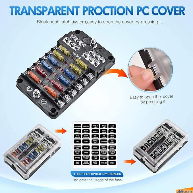 Nilight - 50056L 12 Way Blade Fuse Block 12 Circuits with Negative Bus Fuse Box Holder with LED Indicator ATO/ATC Fuse Panel Waterproof Cover for 12V Automotive Cars, Marine Boats, RVs, Trailers