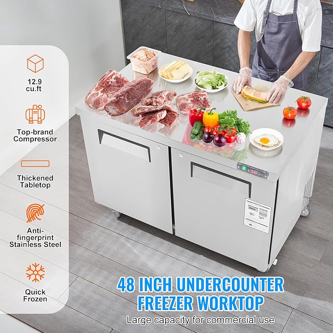 VEVOR 48" W Commercial Freezer Worktop, 12.9 Cu. Ft Undercounter Freezers with/Casters, <0~-8℉>Defrost Frozen Prep Table, 2 Doors Stainless Steel Food Frozen Prep Station for Restaurant, Diner, Bar