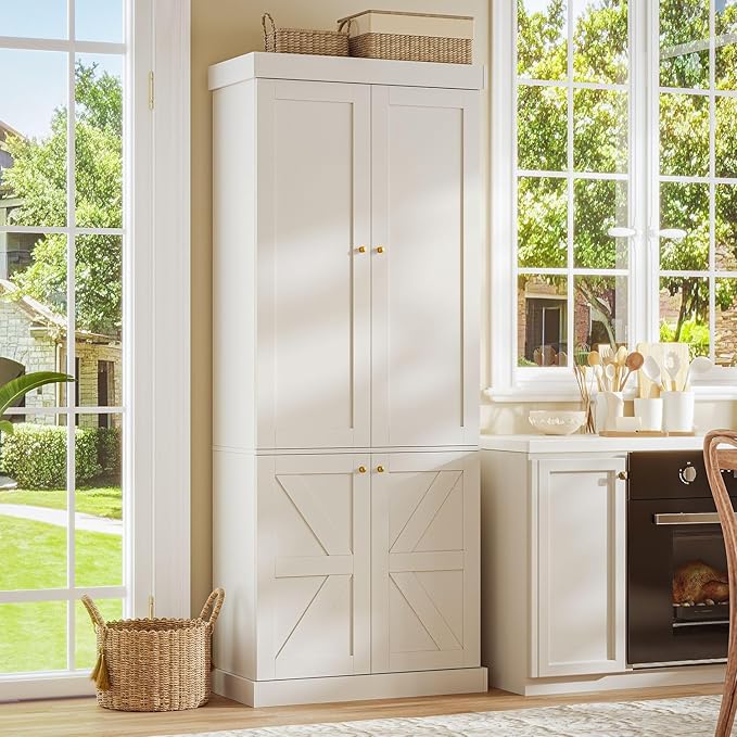 70.8" Tall Farmhouse Kitchen Pantry Cabinet with Doors, Modular Wooden Storage Hutch with 4-Tier Adjustable Shelves, White Buffet Cabinet for Kitchen and Living Room, Set of 3
