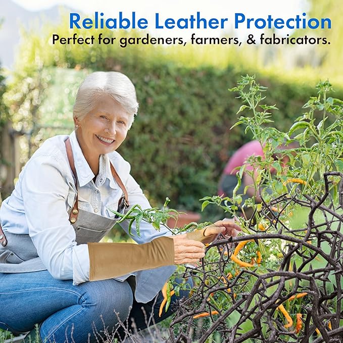 Arm Chaps Leather Protective Sleeves Arm Guard - Prevent Cuts, Scratches & Bruises - Genuine Cowhide - Ideal for Gardening & Construction - Left & Right Form-Fitting. Tan (1 Pair/Medium).