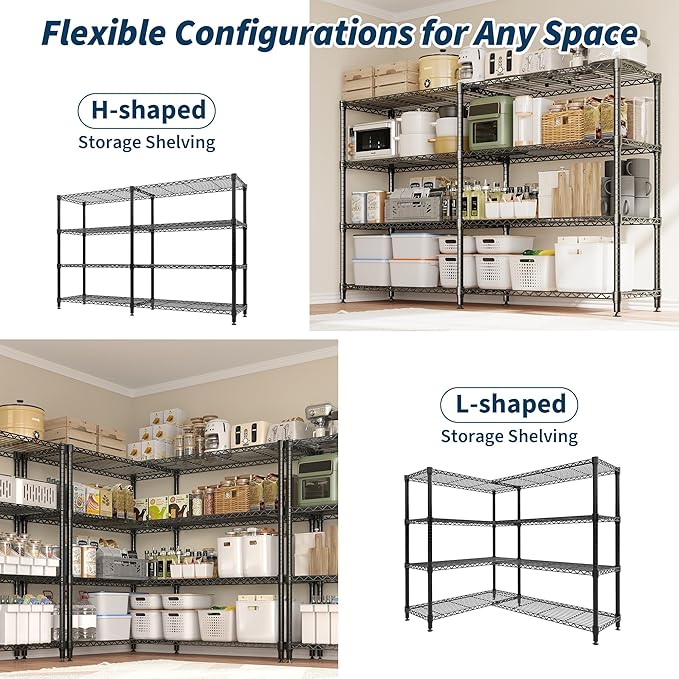 GarveeLife 70" H Storage Shelves L-Shaped 1325 LBS Heavy Duty Metal Shelving 4-Tier Wire Shelving for Corner Storage Rack Adjustable Pantry Shelf for Kitchen Pantry, 70.8" W x 59.4" H x 15.7" D