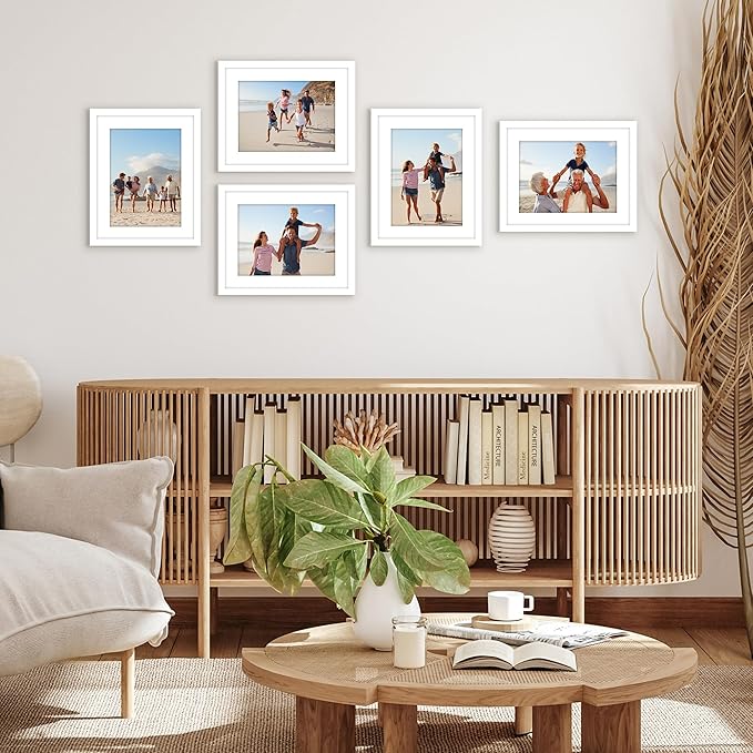 Americanflat 11x14 Picture Frame with Polished Plexiglass - Set of 5 - Use as 8x11 Frame with Mat or Display 11x14 Photo Without Mat - Galleria Collection - Picture Frames for Wall Display - White