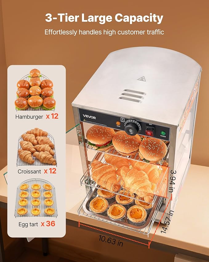 VEVOR 3-Tier Commercial Food Warmer Display, 800W Food Display Warmer with LED Light, Adjustable Shelf and Stainless Steel Frame, 86℉~185℉ Air Heating, 60L for Hamburger, Pizza, Bread, Fried Chicken