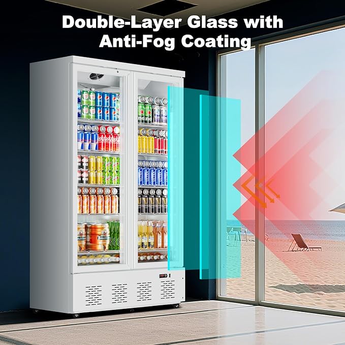 30.5 Cu.Ft White Commercial Refrigerators 2 Glass Door Commercial Beverage Refrigerators Upright Display Cooler with Soft LED Light and 10 Adjustable Shelves for Restaurant Grocery Stores Home