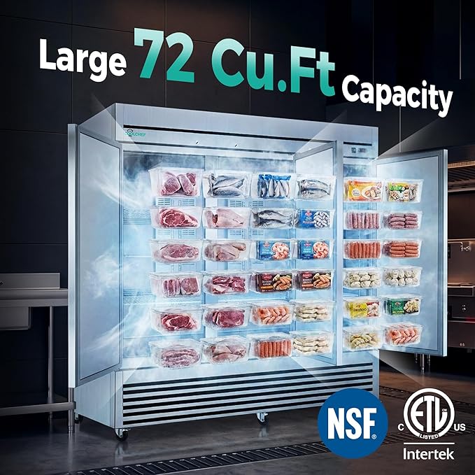 COOLCHEF 81"Commercial Freezer, 72 Cu.Ft Triple-Door Stainless Steel Reach-In Freezer, -8~0℉, Air Cooling, 9 Shelves, R290