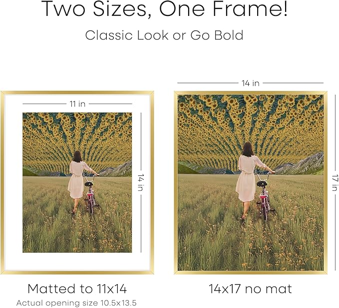 Homeforia 14x17 Picture Frame Gold, High End Metal 14x17 Poster Frames with Mat 11x14 Photo, 14 x 17 Gold Frames Matted to 11 by 14 Print, 17x14 Thin Hanging Frames, Tempered Glass, Wall Kit, Set of 2