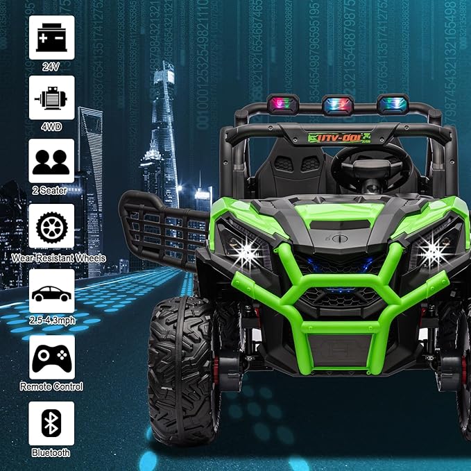 24V 2 Seater Kids Ride On Car, Battery Powered Ride On UTV with Remote Control, 4x4 Side by Side Truck, Kids Electric Vehicle with Bluetooth, Green