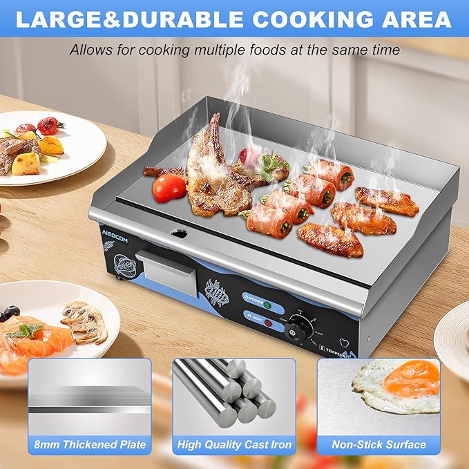22 Inch Commercial Electric Griddle, Countertop Griddle with Non-stick Flat Top Grill, Stainless Steel Kitchen 2500W Electric Griddle for Home or Restaurant