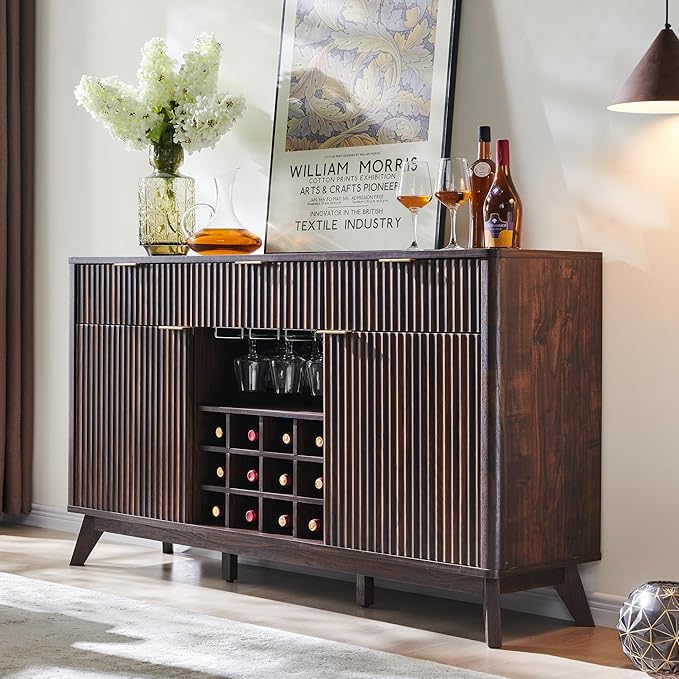 OKD 60" Fluted Buffet Cabinet with Storage - 3 Drawers and 2 Doors, Mordern Wine & Coffee Bar Cabinet with Wine and Glass Racks, Sideboard with Adjustable Shelves for Kitchen, Dining Room,Walnut