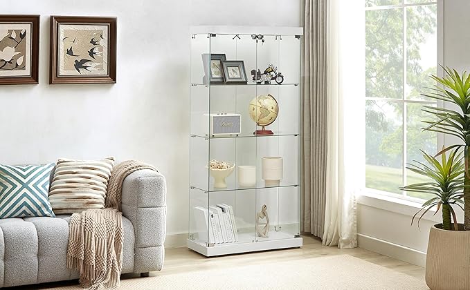 Yoluckea 4 Shelves Glass Display Cabinet with Light and 2 Doors, Floor Standing Clear Glass Curio Cabinet Collection Display for Living Room Bedroom 66.3” x 31.5” x 14.2” White