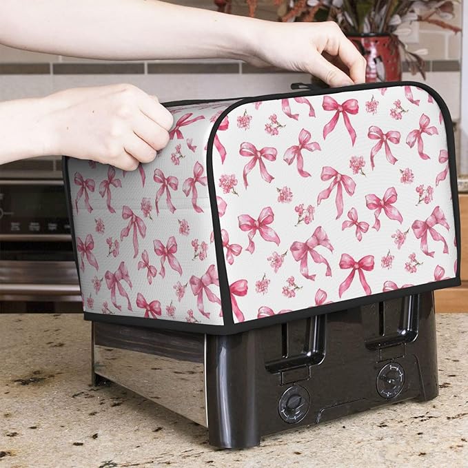 4 Slice Toaster Cover for Kitchen Pink Flower Bow Pattern Waterproof and Dustproof Toaster Dust Cover with Side Pockets Decorative Universal Cover for Wide Slot Toasters and Small Appliances
