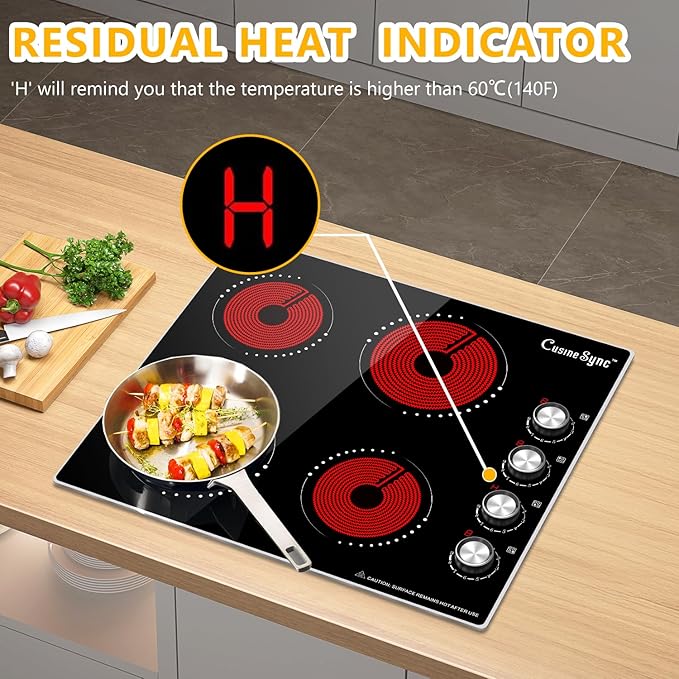 24 Inch Electric Cooktop, 4 Burner Ceramic Stove with 9 Power Levels, Knob Control, Auto shutdown and Residual Heat Warning, 6000W, 220-240V for Hard Wire