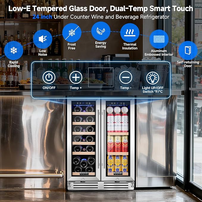 BODEGACOOLER Wine and Beverage Refrigerator, 24 Inch Under Counter Commercial Beverage Refrigerator, Large Capacity Back Bar Cooler With 2 Glass Doors,LED Lighting for Beer,Soda,Wine,4.1 Cu.Ft.,Black.