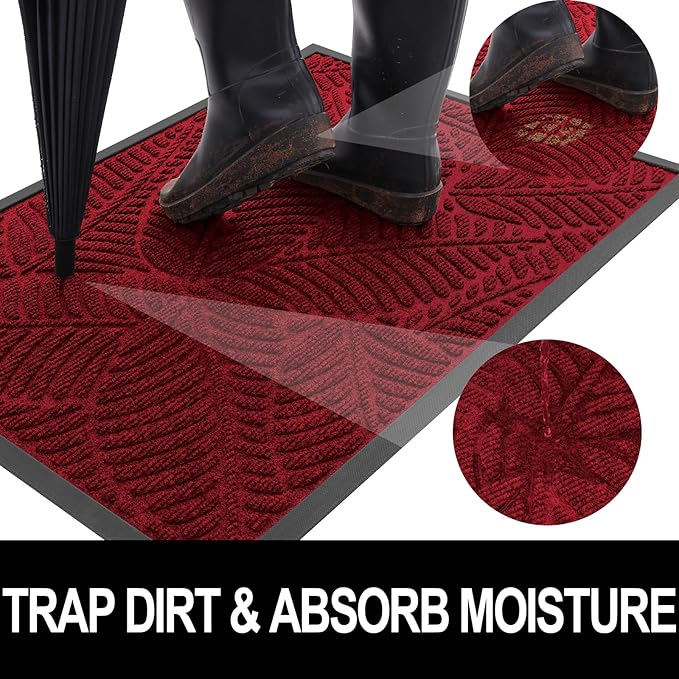 Colorxy Waterproof Doormat, Sturdy Natural Rubber Front Indoor Mat, Non Slip Low Profile Indoor Outdoor Door Mats, Stain and Fade Resistant Floor Mats, Easy Clean Patio Entry Mat, 36''x24'', Burgundy