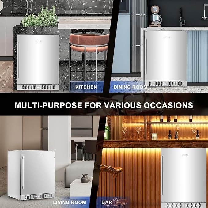 24 Inch Outdoor Beverage Refrigerator Cooler, Stainless Steel Beverage Fridge for 164 Cans, Built-in Counter or Freestanding 3-Color LED Light Beer and Drink Fridge for Bar Home Office