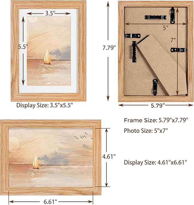 Fun Memories 5x7 Picture Frame, Solid Oak Wood 5 x 7 Frame with Plexiglass, 5 by 7 Photo Frame for Wall & Tabletop Display, 5x7 Picture Frame Matted to 4x6, Natural Oak Color, 3 Pack