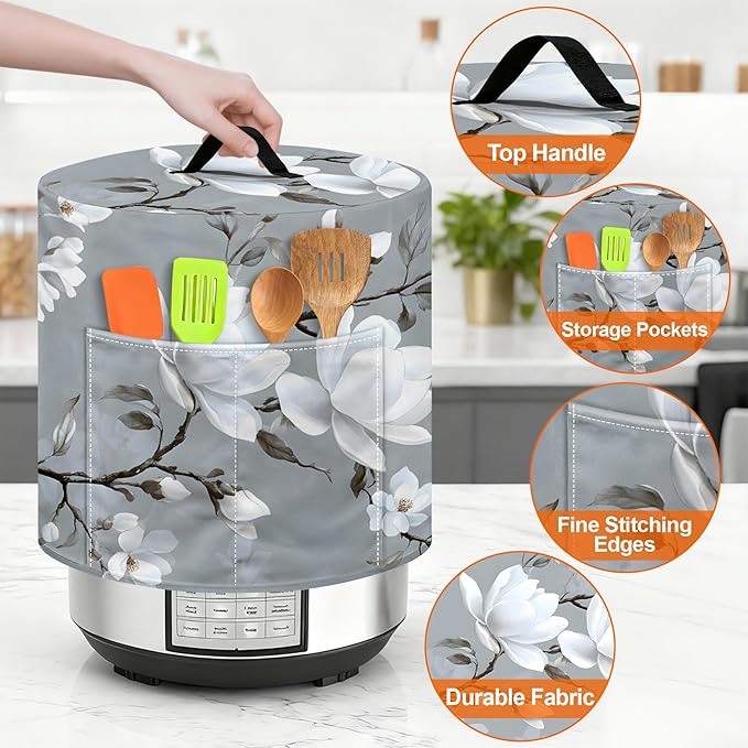 Kitchen Appliance Accessories Dust Cover for 3-6-8 Quart Instant Pot, Pressure Cooker, Air Fryer & Crock Pot,Decorative Appliance Cloth Cover with Top Handle & Storage Pockets (White, 6 Quart)