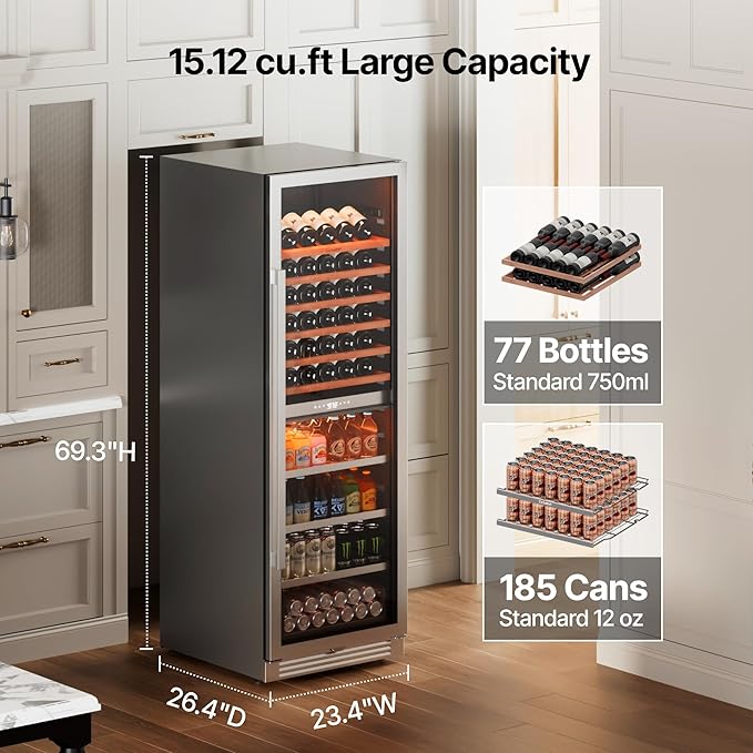 Ca'Lefort 24 Inch Wine Fridge - 177 Can & 77 Bottle Dual Zone Wine Cooler with Glass Door, 34-65°F Quiet Refrigerator with Bottom Drawer 3 LED Light Built-in for Home/Bar/Kitchen Right-Hinged Door