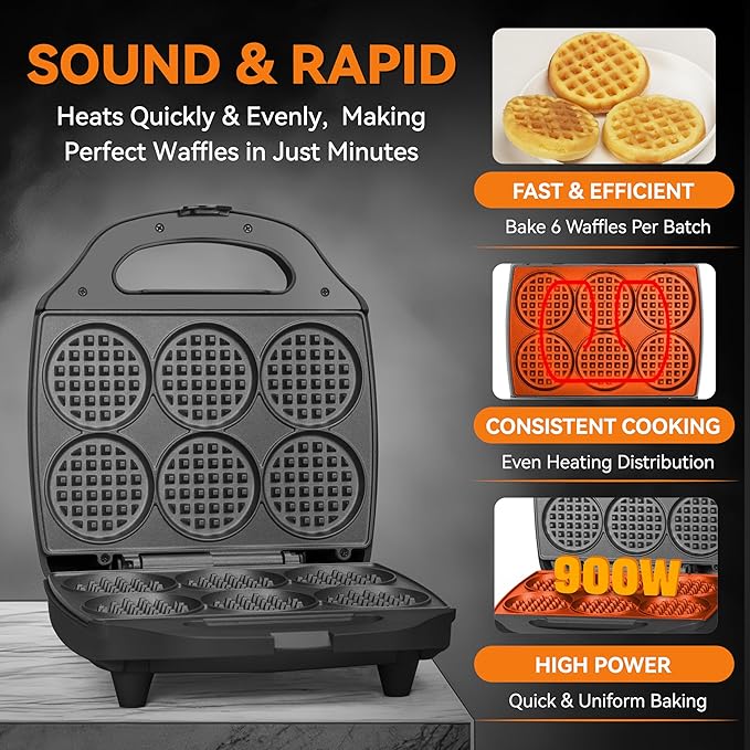 Baker's Friend Multi Mini Waffle Maker Machine, 6 x 3'' Small Waffle Iron, Perfect for Families and Individuals Use, Excellent Choice for Breakfast Brunch Parties & Events, Graphite
