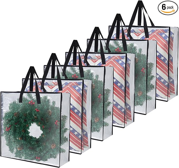 Heavy-Duty Clear Wreath Storage Bag & Sturdy Moving Box Alternative – 26 Inch Large Capacity Container with Zipper for Christmas Decorations, Seasonal Wreaths, Clothes, Bedding,Gift (6-Pack)