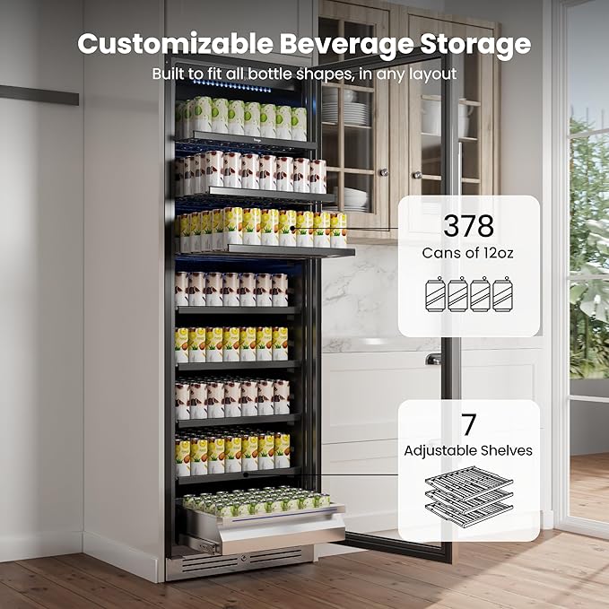 Beverage Refrigerator 24 inch -378 Cans Capacity Beverage Cooler, Upgraded Beverage Refrigerator Freestanding or Built-In, Drink Cooler for Soda, Water, Beer or Wine - For Kitchen, Bar or Office