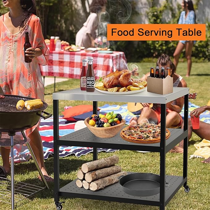 Mimiuo Grill Cart Pizza Oven Stand for Most Pizza Oven 31.5 x 31.5 x 33 inch, Large Stainless Steel Modular Table for Indoor Outdoor, Movable Food Prep Dining Trolley for Kitchen Patio Backyard
