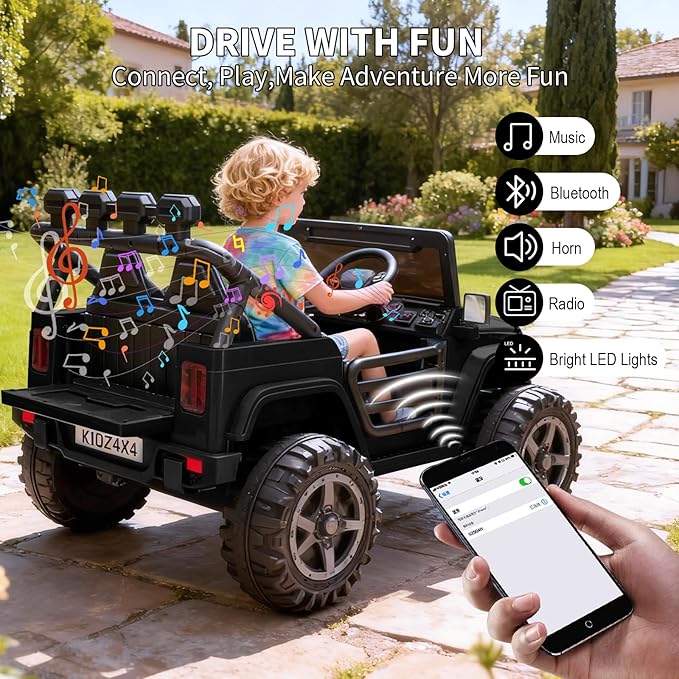 Kids 24V 2-Seater Electric Ride On Car, 4x4 Ride On Truck w/Remote Control, 4-Wheeler Suspension, 3 Speeds, Led Lights, Bluetooth, Ride on Car Toy for Kids Ages 3-8, Black