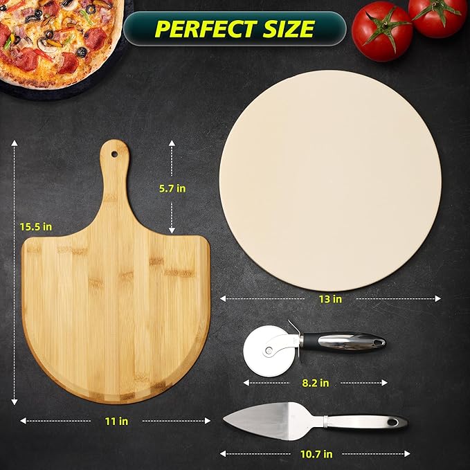 13 Inch Cordierite Pizza Stone 4-Piece Set for Oven & Grill - Round Baking Stone with Wooden Peel, Roller Cutter & Mini Cake Shovel