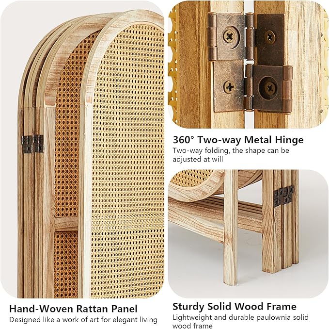 6 Panel Room Divider, 5.6 Ft Foldable Wood Room Divider Screen, Hand-Woven Rattan Folding Privacy Screens with Double Hinges, Wall Divider for Room Separation Bedroom Home Office - Natural