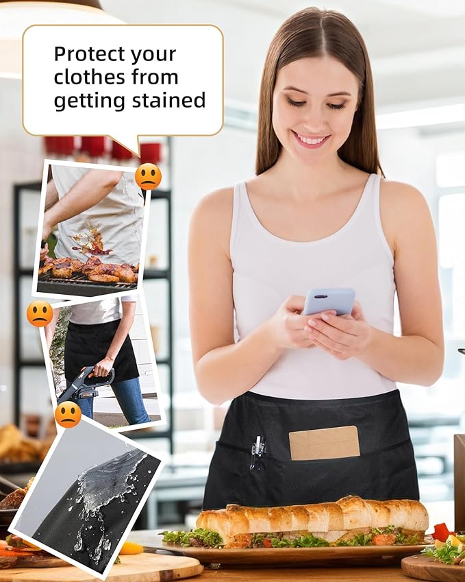 Argstar 2 Pack Server Apron with 4 Pockets, Waitress Waiter Waist Short Aprons(Available in 60/120 Pack)
