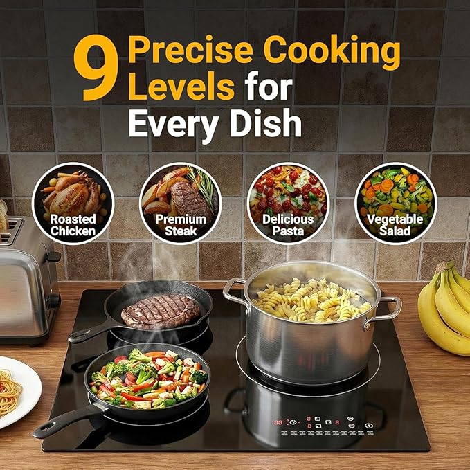 K&H 3 Burner Induction Cooktop - 24 Inch Built-In Electric Cermic Stove Top - 9 Heating Levels, 240V, 6000W High-Power Built-in Electric Stove Top - Child Lock, Timer & Touch Control - IN24-6803TB