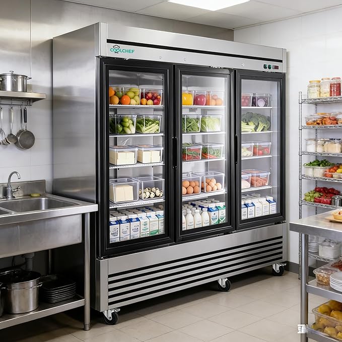 81" Commercial Glass Door Refrigerator, 72 Cu.Ft Triple-Door Reach-In Cooler, 33–40℉, Triple-Layer Low-E Glass, 12 Shelves, R290