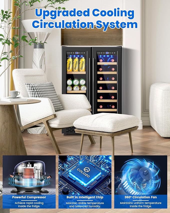 24 Inch Wine and Beverage Refrigerator Under Counter, Dual Zone Black Beverage Fridge with Glass Door&Lock,20 Bottles & 88 Cans Wine and Beverage Cooler, Freestanding Mini Fridge for Bedroom Home