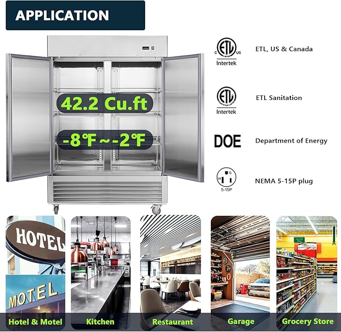 54”W Commercial Freezer Reach-in 42.2 Cu.Ft 2 Solid Door, Stainless Steel Interior and Exterior Construction, Commercial Freezer Upright Fan Cooling Freezer for Restuarant, Bar, Shop and etc