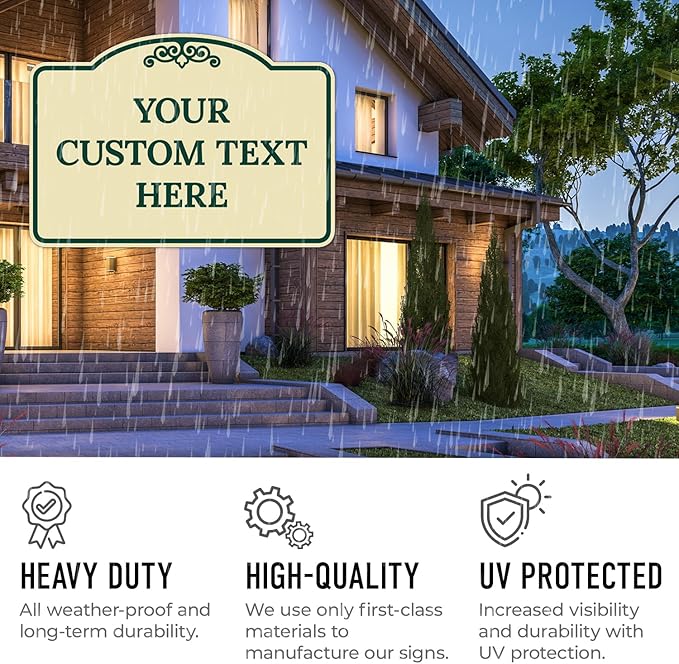 Custom Decorative Sign, Personalized Metal Sign for Business, Driveway, Home, Airbnb, Office Door Plaque, Green Border Sign, 14x10 Inches, ACM, Fade Resistant, Made in USA by Sigo Signs