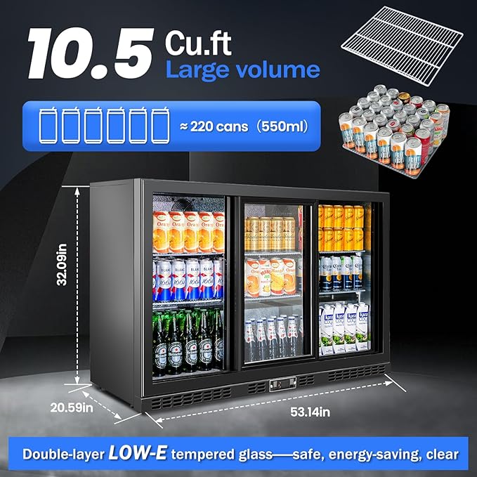 Back Bar Cooler with 3 Sliding Glass Doors 10.5 Cu.ft. ETL Commercial Beverage Refrigerator Black Drink Fridges for Beer, Wine,Soda, Drinks