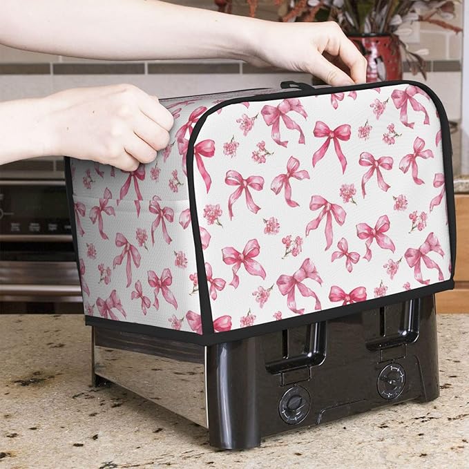 2 Slice Toaster Cover for Kitchen Pink Flower Bow Pattern Waterproof and Dustproof Toaster Dust Cover with Side Pockets Decorative Universal Cover for Wide Slot Toasters and Small Appliances
