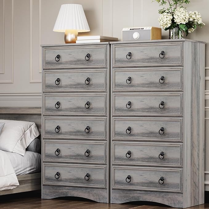 6 Drawer Dresser Tall, 52" Tall Grey Dresser for Bedroom, Chest of Drawers, Large Storage Organizer for Clothes, Grey Vintage, for Living Room, Bedroom, Hallway