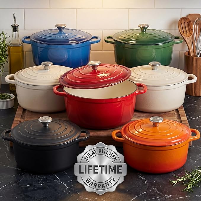 Zulay Kitchen 7.7 Quart Enameled Cast Iron Dutch Oven Pot with Lid – Premium Durability & Oven Safe up to 500°F – Heavy Duty Cookware Perfect for Bread Baking, Stews, Braising & Roasting – Red