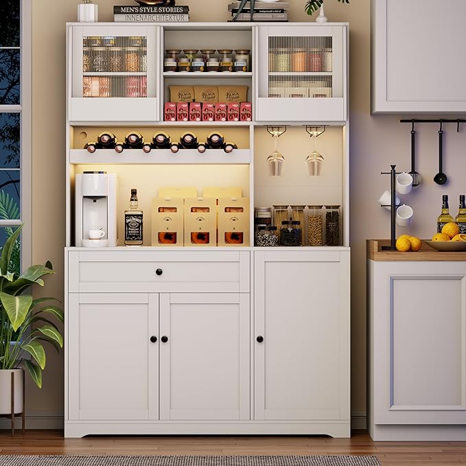 71" Pantry Cabinet with LED Light & Outlet, Kitchen Hutch Storage Cabinet with 6 Adjustable Shelves and 3 Hanging Rack Shelves,Food Pantry for Kitchen, Dining Room or Living Room, White