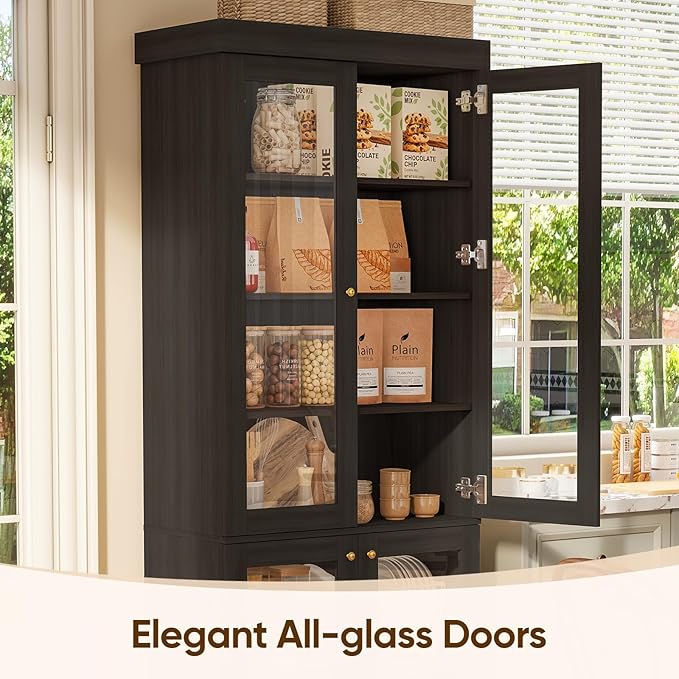 70.8" Tall Farmhouse Bookshelf, Modular Bookcase with Glass Doors, 6-Tier Adjustable Shelves, Large Storage Cabinet for Kitchen, Living Room, Black, Set of 3