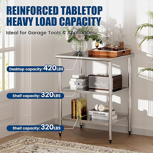 Stainless Steel Work Table 24 x 30 Inch with 2 Adjustable Undershelves, Heavy-Duty Metal Prep Table for Commercial Kitchen & Restaurant, Garage, Outdoor